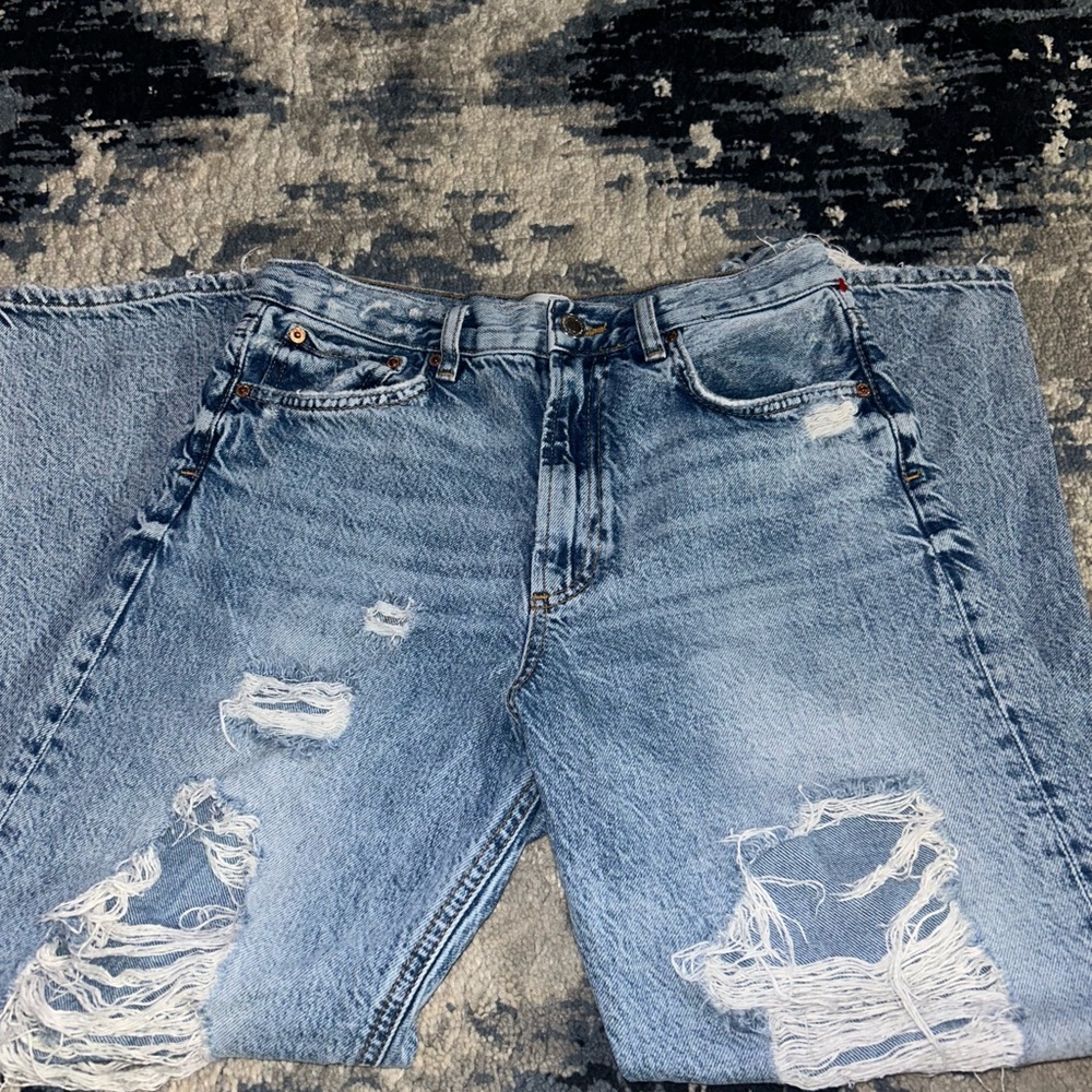 Zara Distressed Ripped Blue Denim Mom Jeans